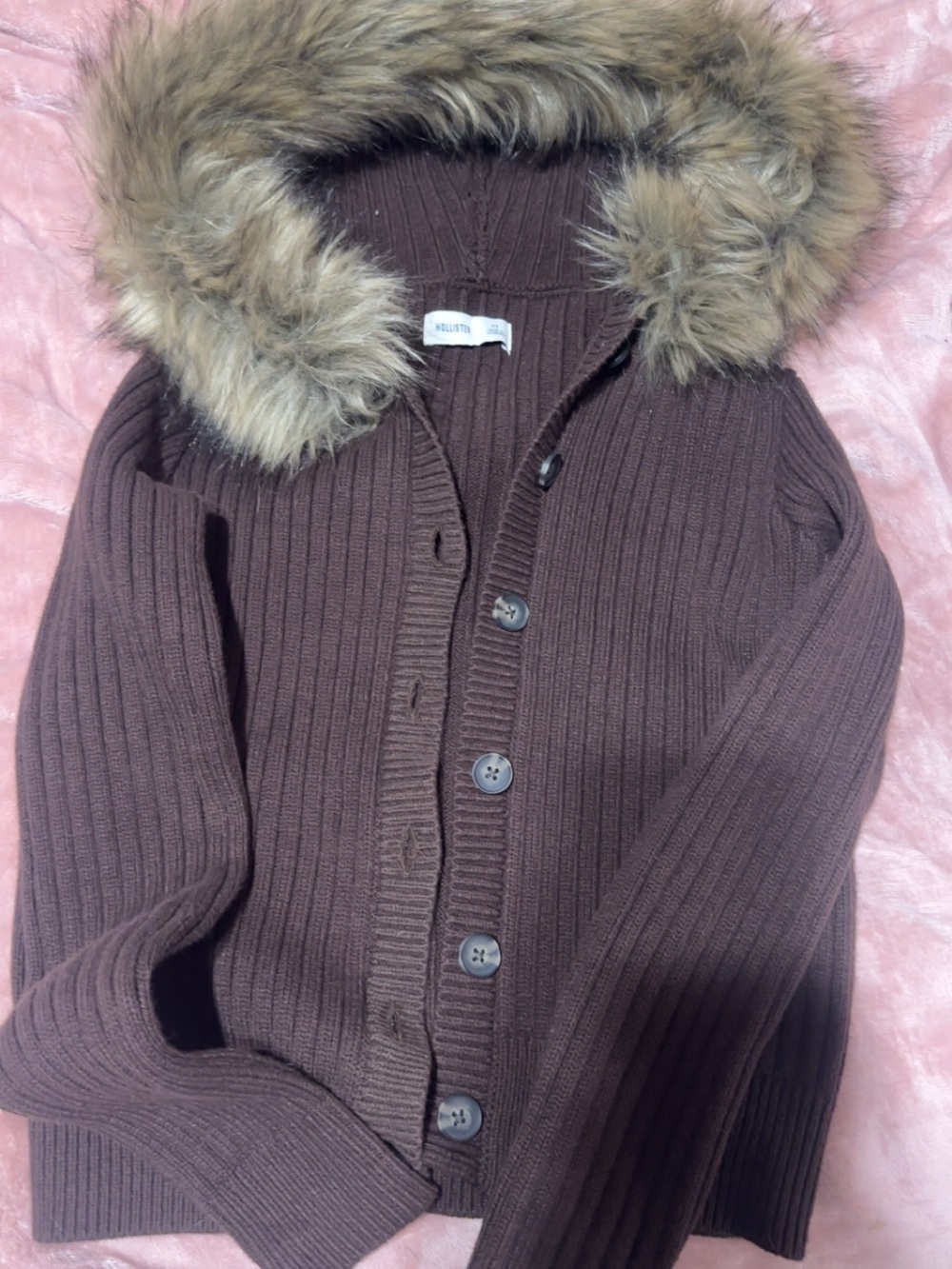 Hollister Chocolate Brown Ribbed Hooded Cardigan with Faux Fur Trim